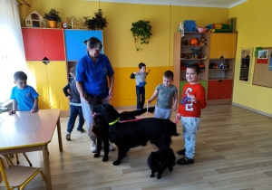 Zajęcia z dogoterapii - Krzysiu z Yarolavem prowadzą psy na smyczy