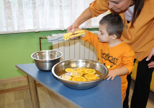 Dzień pomarańczowy - na zdjęciu Antoś łowi plastry pomarańczy