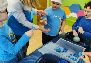 Dzień niebieski - dzieci z grupy I segregują zabawki na miękkie i twarde.